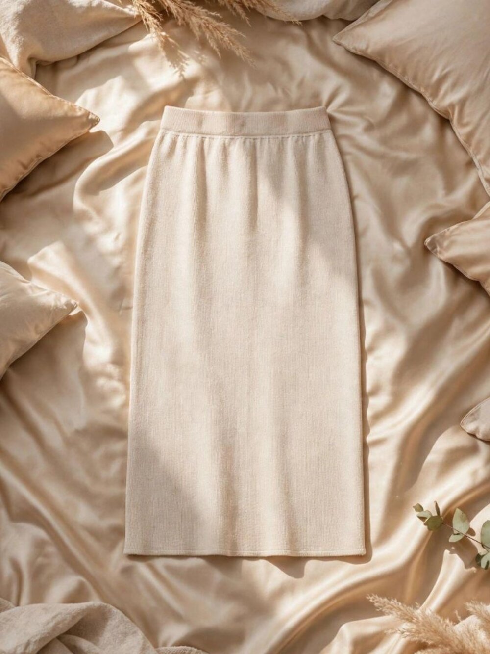 MUJI Cream Milano Rib Knit Midi Skirt Elastic Waist Back Slit Minimalist M NWOT